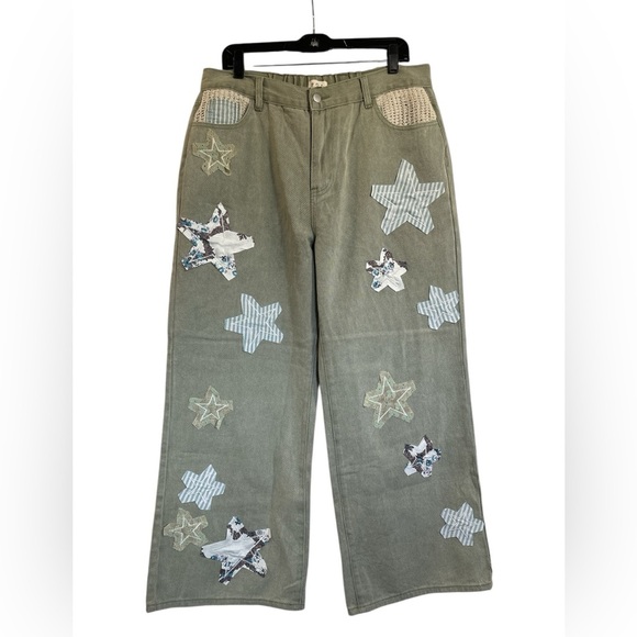 POL Olive Green Wide-Leg Pants with Beautiful Embroidery and Patchwork - Picture 1 of 8